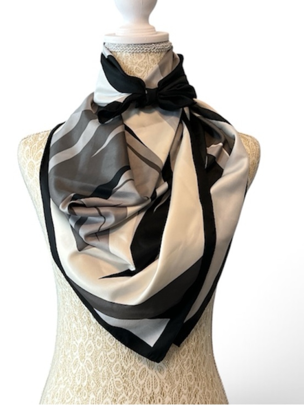 Silk-Look Black and Cream Printed Square Scarf